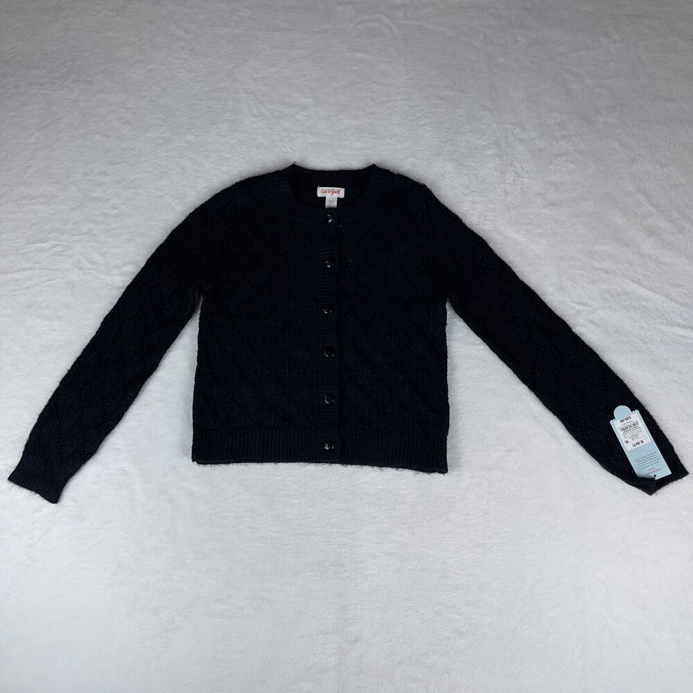 Cat & Jack Pointelle‎ Cardigan Sweater Girls Small Black Knitted Button-Front